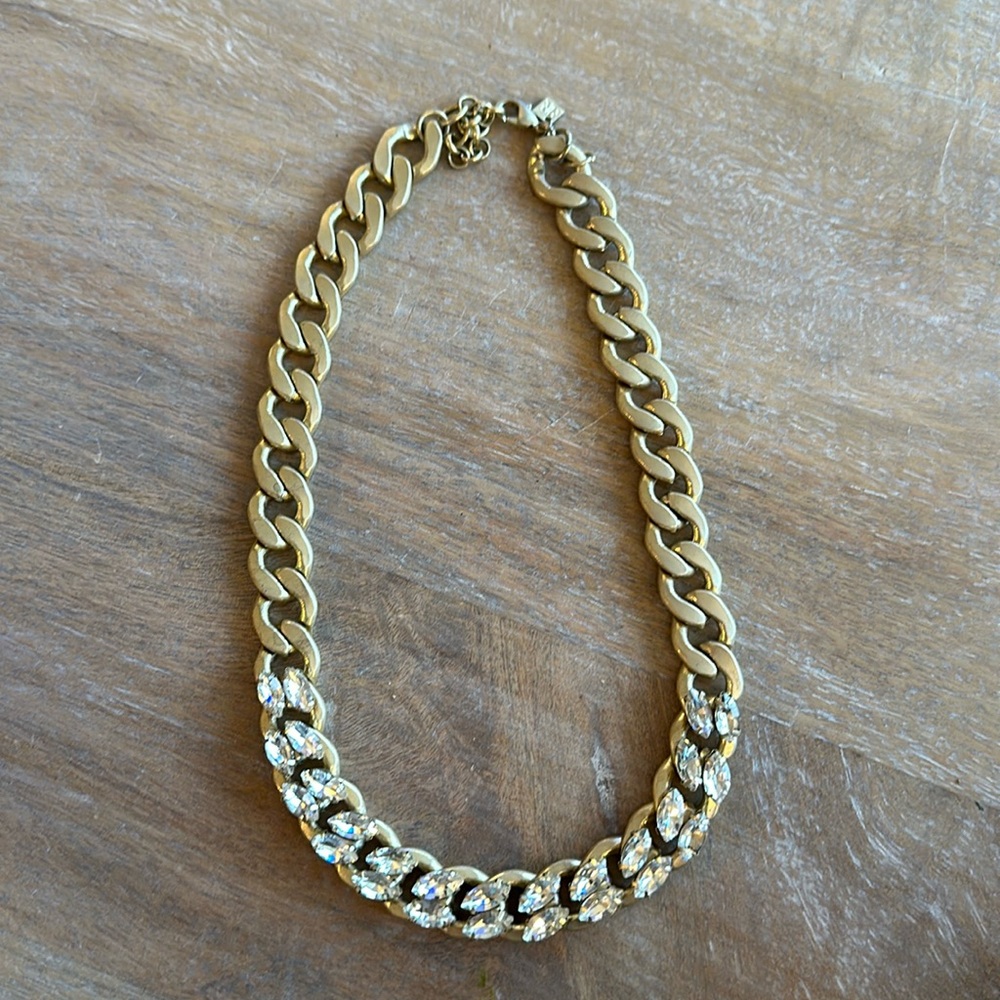 Brushed Gold-Toned Chain Link Necklace with Rhinestone Detail